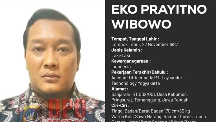 Pengumuman buron atas nama Eko Prayitno yang dirilis Polda DIY. Foto diunggah Senin (19/2/2024).