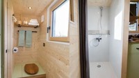 Kamar mandi letaknya di samping dapur dengan bilik yang tidak terlalu luas tetapi karena menggunakan shower. Toiletnya berada di ruang lain dengan dinding kayu dan penataan ruangan seperti berada di sauna. Foto: Kurt CyberGuy Knutsson