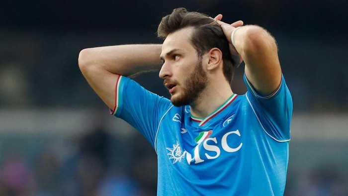 Khvicha Kvaratskhelia of Napoli is reacting during the Serie A soccer match between SSC Napoli and Genoa FC at Stadio Maradona in Naples, Italy, on February 17, 2024. (Photo by Ciro De Luca/NurPhoto via Getty Images)