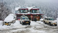 Tampak mobil-mobil diselimuti salju.