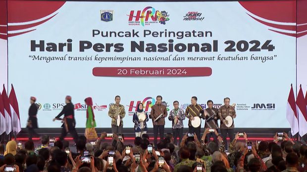 Presiden Joko Widodo dalam acara Puncak Peringatan Hari Pers Nasional 2024 di Ecovention Ancol, Jakarta pada Selasa (20/2/2024). (Tangkapan Layar Youtube Pemprov DKI Jakarta)