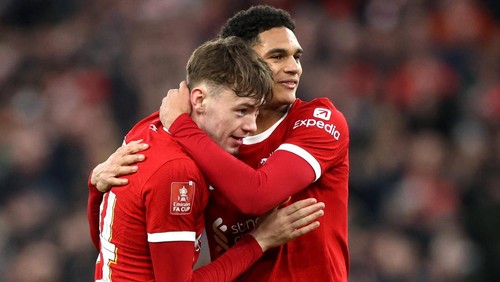 Soccer Football -  FA Cup - Fourth Round - Liverpool v Norwich City - Anfield, Liverpool, Britain - January 28, 2024 Liverpools Conor Bradley and Jarell Quansah celebrate after the match REUTERS/Phil Noble