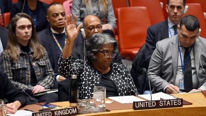 US Ambassador to the UN Linda Thomas-Greenfield casts a veto vote during a UN Security Council meeting on the Israel-Hamas war, at UN Headquarters in New York City on February 20, 2024. The US vetoed a UN Security Council resolution on Tuesday that called for an immediate ceasefire in Gaza, even as President Joe Biden faced mounting pressure to dial back support for Israel. (Photo by ANGELA WEISS / AFP)