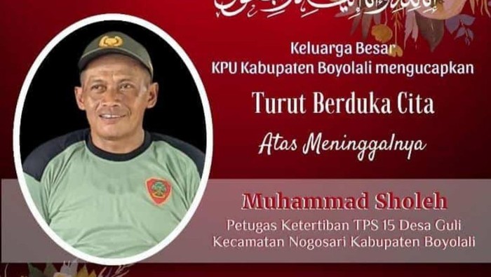 Anggota petugas ketertiban TPS di Boyolali, Muhammad Sholeh, meninggal dunia.