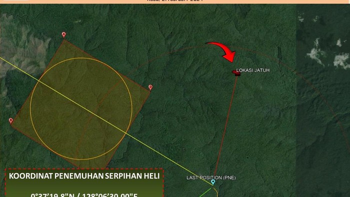 Helikopter sewaan PT Weda Bay Nickel (WBN) yang hilang kontak ditemukan jatuh di hutan Halmahera Tengah, Maluku Utara.