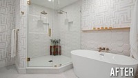 Setelah diubah dengan membuang sekat antar ruang dan dinding diubah menjadi putih adalah pilihan yang tepat membuat tampilannya lebih luas. Agar tidak monoton, dinding putih di kamar mandi ini menggunakan pola bergambar danbertekstur. Foto: beforeafter.design via boredpanda.com