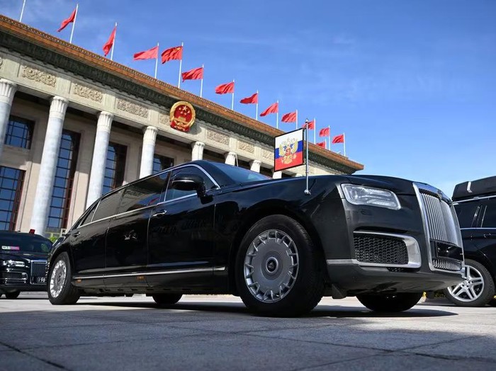 An Aurus limousine of Russian President Vladimir Putins motorcade is parked outside the Great Hall of the People during the Belt and Road Forum in Beijing, China, October 18, 2023. Sputnik/Dmitry Azarov/Pool via REUTERS/File Photo Purchase Licensing Rights