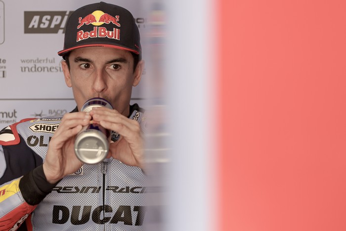 DOHA, QATAR - FEBRUARY 20: Marc Marquez of Spain and Gresini Racing MotoGP in the garage during Day Two of the Qatar MotoGP Official Test at Losail Circuit on February 20, 2024 in Doha, Qatar. (Photo by Qian Jun/MB Media/Getty Images)