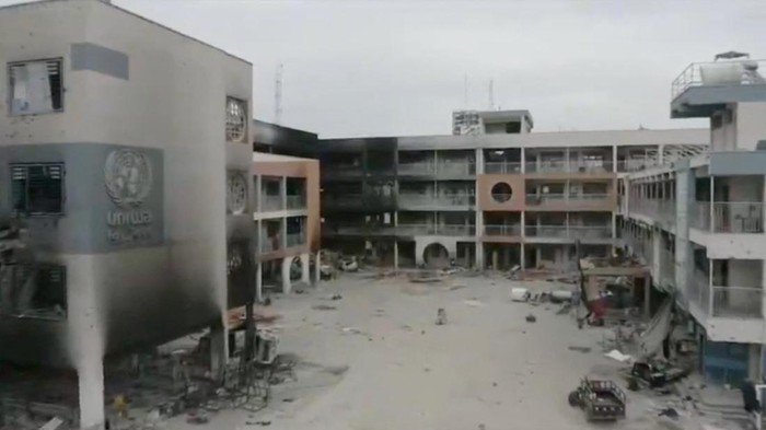 A drone view shows a damaged UNRWA school, amid the ongoing conflict between Israel and the Palestinian Islamist group Hamas, in Gaza City, in this screengrab obtained from a social media video released on February 19, 2024. UNRWA/Handout via REUTERS  THIS IMAGE HAS BEEN SUPPLIED BY A THIRD PARTY. MANDATORY CREDIT. NO RESALES. NO ARCHIVES.
