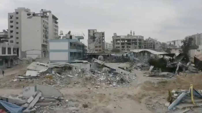 A drone view shows a damaged UNRWA school, amid the ongoing conflict between Israel and the Palestinian Islamist group Hamas, in Gaza City, in this screengrab obtained from a social media video released on February 19, 2024. UNRWA/Handout via REUTERS  THIS IMAGE HAS BEEN SUPPLIED BY A THIRD PARTY. MANDATORY CREDIT. NO RESALES. NO ARCHIVES.