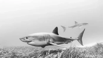Juara Kedua kategori Hitam Putih: Matty Smith (Australia). Gambar yang sangat jelas menunjukkan sepasang hiu putih besar ( Carcharodon carcharias ) berenang di perairan Pulau Neptunus Selatan, Australia.Foto: Underwater Photographer of the Year