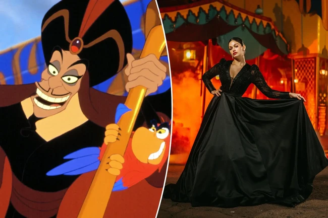 Tokoh jahat dalam film Aladin, Jafar, juga jadi inspirasi gaun pengantin terbaru Allure Bridals yang berkolaborasi dengan Disney sejak 2020. Gaun dengan belahan dada rendah ini hadir dengan kerah satin ikonis tokoh Jafar. Foto: Dok. Allurebridals, Everett