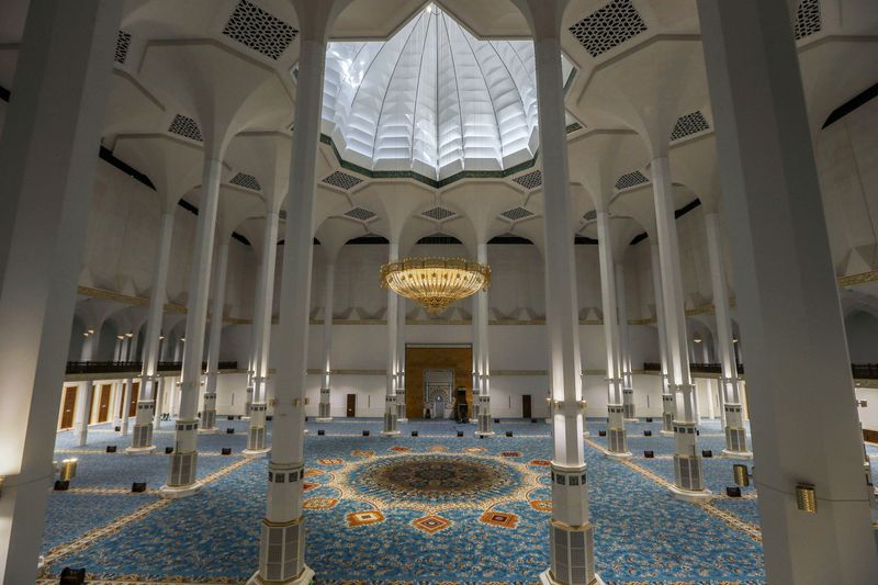 27 October 2020, Algeria, Algiers: A general view inside the prayer hall of the Great Mosque of Algiers, also known as Djamaa el Djazair. The Great Mosque of Algiers was designed by the German architecture firm KSP Juergen Engel Architekten and engineers of Krebs und Kiefer International and constructed by China State Construction Engineering Corporation (CSCEC). The mosque, which is considered to be one of the largest mosques of the world and houses the world's tallest minaret, will open for prayers on Thursday on the occasion of Al-Mouled Al-Nabawy and will be officially inaugurated on the first of November, the 66th anniversary of the Algerian revolution against France. Photo: Farouk Batiche/dpa (Photo by Farouk Batiche/picture alliance via Getty Images)