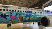 Di badan pesawat Garuda Indonesia, kini tergambar sosok Squirtle, Horsea, Finneon, Mantine, Oddish, Aipom, Vileplume, Eevee dan tentu saja Pikachu yang menggemaskan. (Wahyu Setyo/detikTravel)
