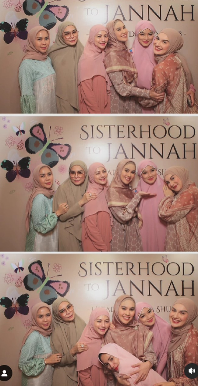 Ketika datang ke kajian, Ussy Sulistiawaty memakai khimar senada dengan gamis warna pink. Kartika Putri memakai hijab segi empat print warna cokelat. Foto: Dok. Instagram @cutkeke_xavier.