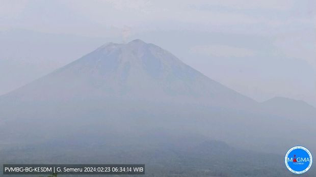 Gunung Semeru erupsi Jumat, 23 Februari 2024, pukul 06:33 WIB dengan tinggi kolom abu teramati ± 400 m
