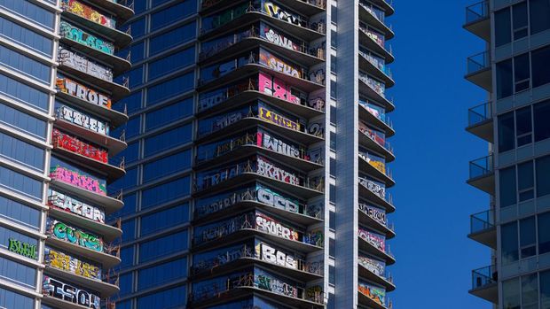 A view of one of the unfinished high-rise towers in downtown that have attracted graffiti artists after the developer ran out of money in Los Angeles, California, U.S., February 22, 2024.  REUTERS/Mike Blake