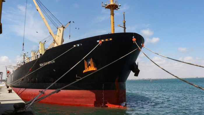 Greek-flagged bulk cargo vessel Sea Champion is docked to the port of Aden, Yemen to which it arrived after being attacked in the Red Sea in what appears to have been a mistaken missile strike by Houthi militia, February 21, 2024. REUTERS/Fawaz Salman