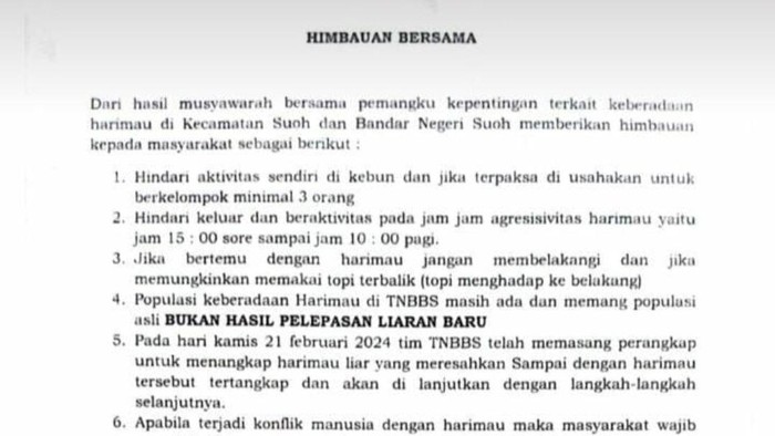 Surat edaran mengenai aktivitas harimau di Lampung Barat.