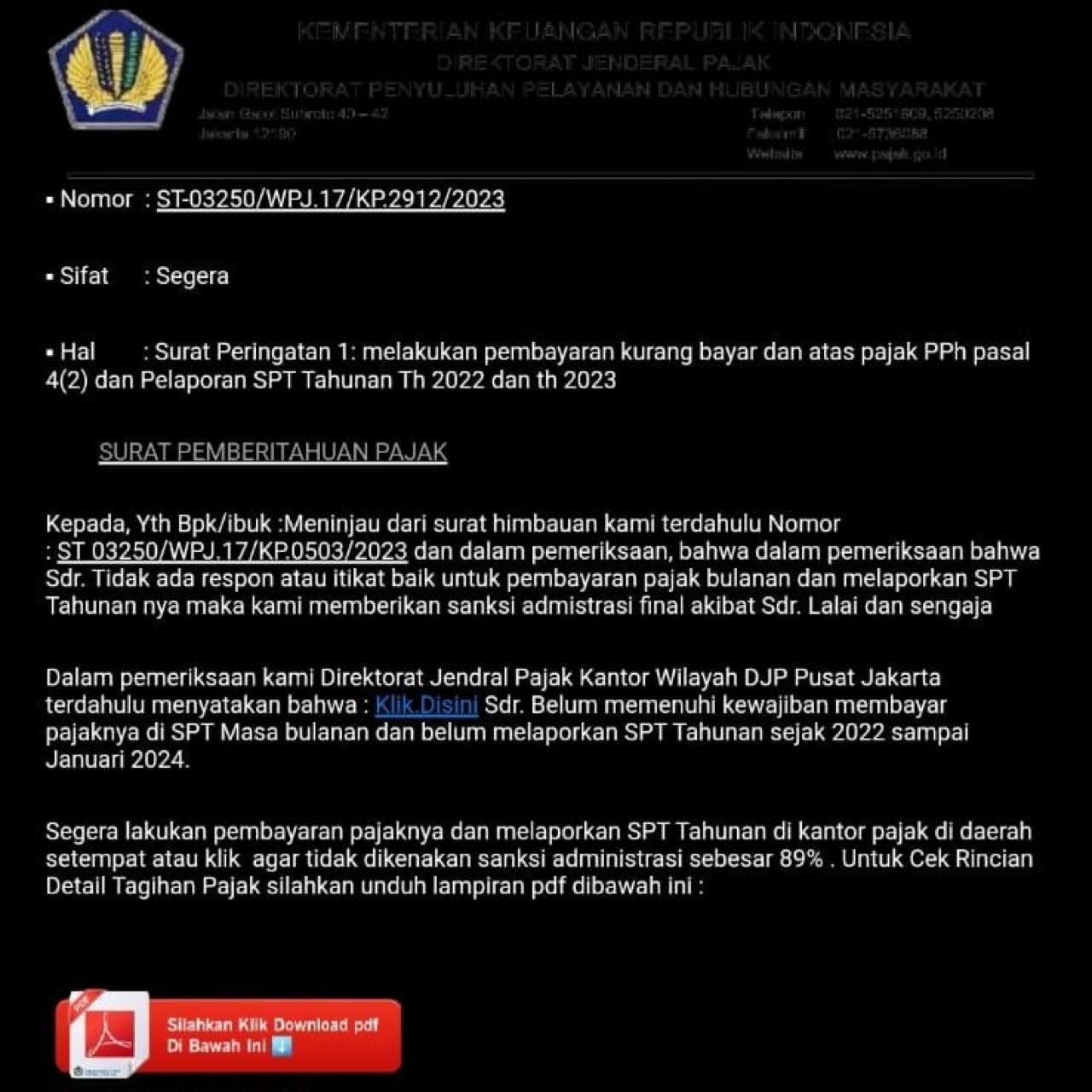 Surat Peringatan pembayaran kurang bayar pajak. (Dok. DJP)