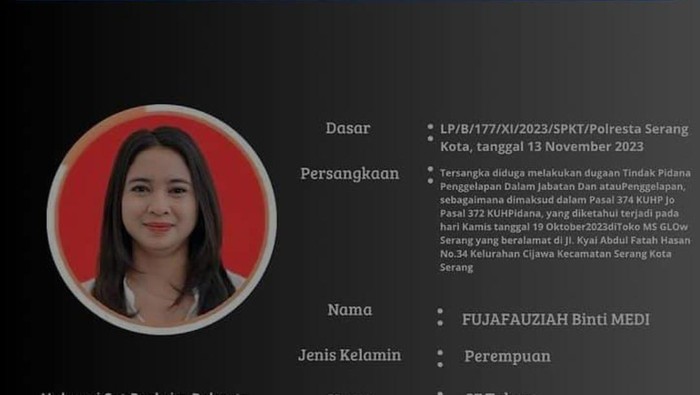 Tersangka penggelapan uang toko, Fujafauziah, yang menjadi DPO.
