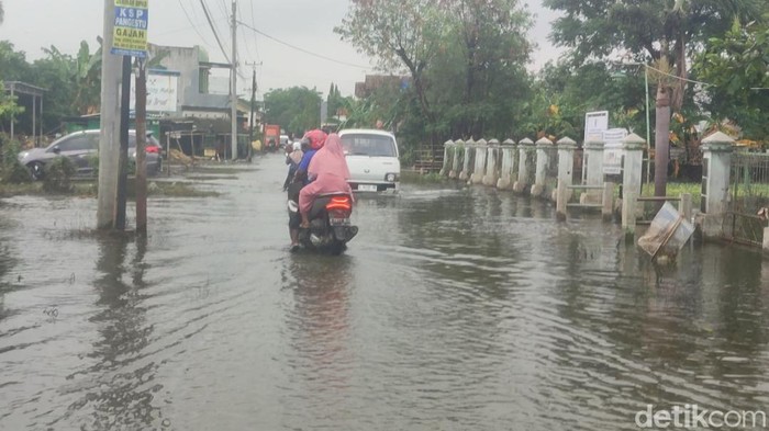 Banjir di jalan Dukuh Kedungbanteng, Desa Wonorejo, Kecamatan Karanganyar, Demak, Sabtu (24/2/2024).