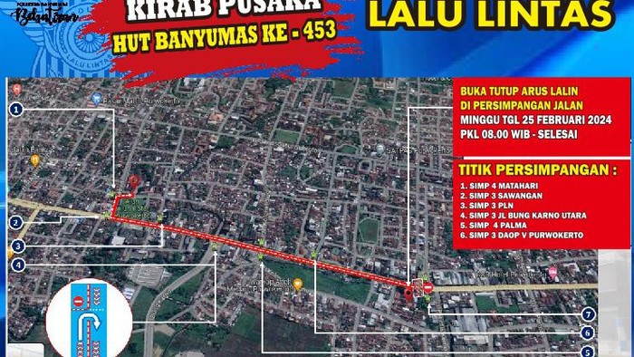 Rute rekayasa arus lalulintas saat kirab pusaka dalam rangka HUT ke-453 Kabupaten Banyumas, Minggu (25/2/2024).