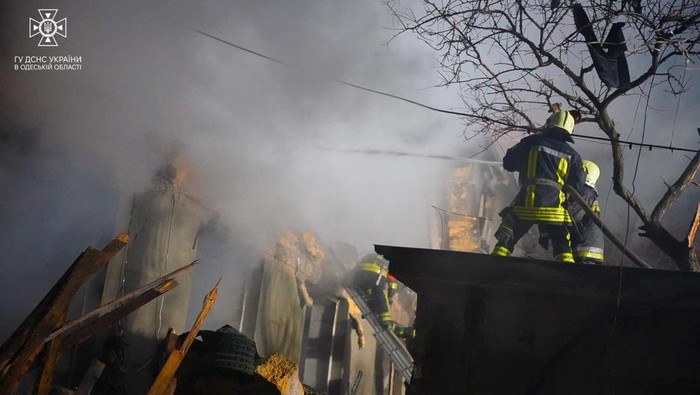 Rescuers work at a site of a Russian drone strike, amid Russias attack on Ukraine, in a location given as Odesa, Ukraine, in this screengrab from a handout video released on February 23, 2024. Press service of the State Emergency Service of Ukraine in Odesa region/Handout via REUTERS ATTENTION EDITORS - THIS IMAGE HAS BEEN SUPPLIED BY A THIRD PARTY. MANDATORY CREDIT