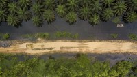 Foto udara Jalan Lintas Jambi-Suak Kandis yang terputus akibat terendam banjir luapan Sungai Kumpeh di Pulau Tigo, Muaro Jambi, Jambi, Minggu (25/2/2024).
