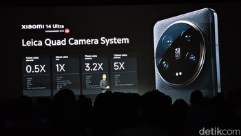 Xiaomi 14 Ultra juga dilengkapi dengan konfigurasi quad-camera profesional dengan rentang focal length yang luar biasa, mulai dari 12mm hingga 120mm. Kamera utama memiliki aperture ƒ/1.63-ƒ/4.0, menawarkan penyesuaian eksposur yang mulus dalam berbagai skenario. Foto: Agus Tri Haryanto/detikINET