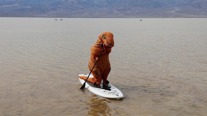 Garrett Dong, of Ventura, California, stands in an inflatable dinosaur costume at Lake Manly, a temporary lake formed by heavy rainstorms, at Death Valley National Park, California, U.S., February 24, 2024. The lake is located at Badwater Basin, which is the lowest point in North America at 282 feet below sea level. REUTERS/Ronda Churchill