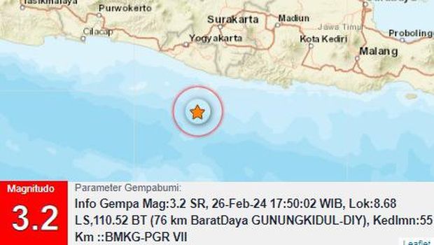 Gempa bumi M 3,2 di perairan Kabupaten Gunungkidul pukul 17.50 WIB, Senin (26/2/2024).