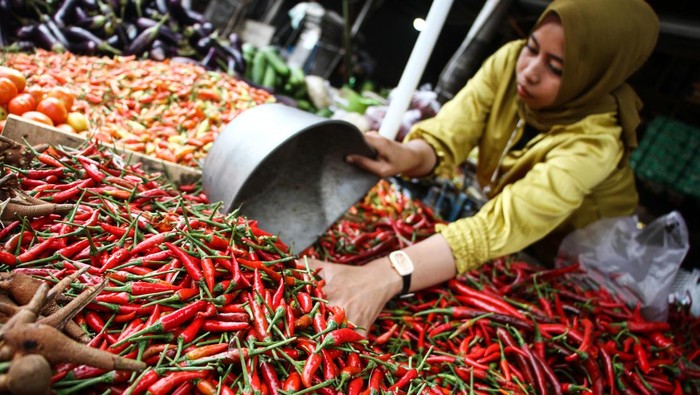 Harga Cabai di Palangka Raya Melambung, Tembus Rp 90 Ribu/Kg Pedagang menimbang cabai rawit di Pasar Besar Palangka Raya, Kalimantan Tengah, Senin (26/2/2024). Menurut pedagang, harga cabai di pasar tersebut mengalami kenaikan, seperti cabai keriting dari Rp60 ribu menjadi Rp90 ribu per kilogram dan cabai merah besar yang sebelumnya Rp60 menjadi Rp80 ribu per kilogram yang disebabkan kurangnya pasokan. ANTARA FOTO/Auliya Rahman/tom.