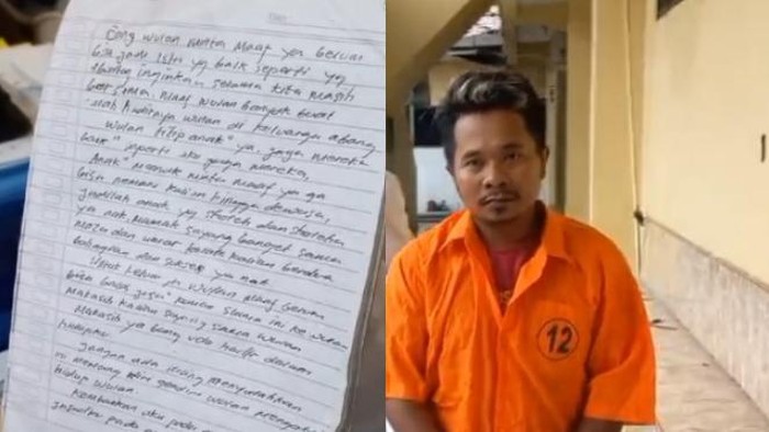 Kolase tersangka saat diamankan dan bukti surat wasiat yang ditulisnya. (Istimewa).