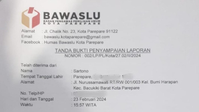 Laporan NasDem Parepare ke Bawaslu terkait 2 warga luar Parepare nyoblos 5 surat suara.