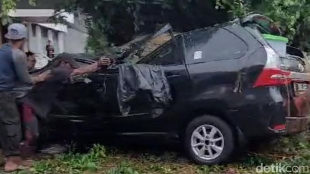 Mobil wajib pajak di Kantor BPPD Sidoarjo tertimpa pohon beringin yang tumbang.