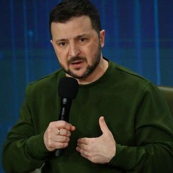 Ukraine's President Volodymyr Zelensky attends a press conference during the 