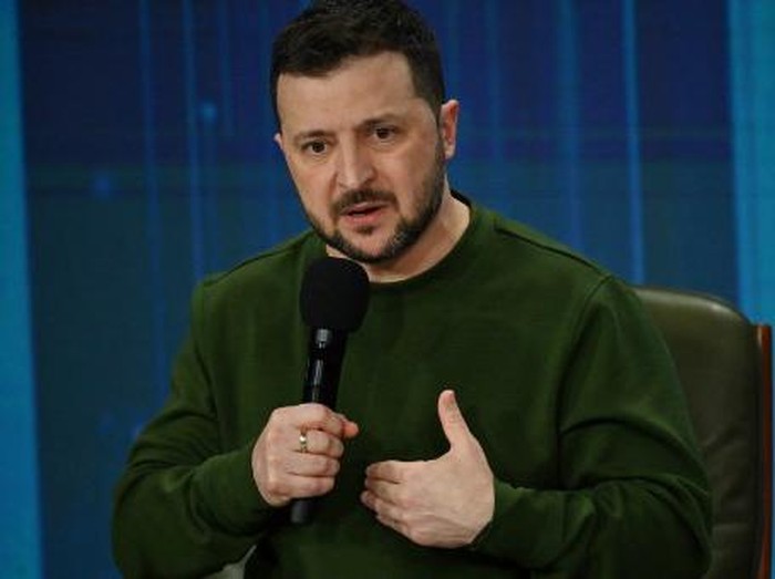 Ukraines President Volodymyr Zelensky attends a press conference during the Ukraine Year 2024 forum in Kyiv on February 25, 2024, marking the second anniversary of the Russian invasion of Ukraine. (Photo by Sergei SUPINSKY / AFP)