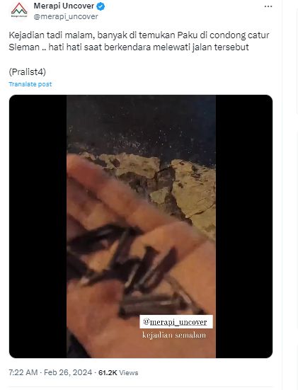 Video viral ranjau paku di Concat, Sleman, Minggu (25/2/2024) malam.