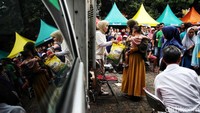 Sejumlah warga mengantre untuk membeli beras murah di Kelurahan Sunter Jaya, Jakarta Utara.