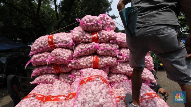 Bawang putih impor dari China di Pasar Kramat Jati, Jakarta Timur, Selasa (27/2/2024). (վ/Tri Susilo)