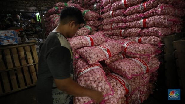 Bawang putih impor dari China di Pasar Kramat Jati, Jakarta Timur, Selasa (27/2/2024). (CNBC Indonesia/Tri Susilo)