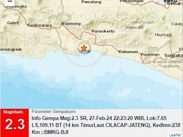 Gempa M 2,3 di Cilacap, Selasa (27/2/2024) pukul 22.23 WIB.