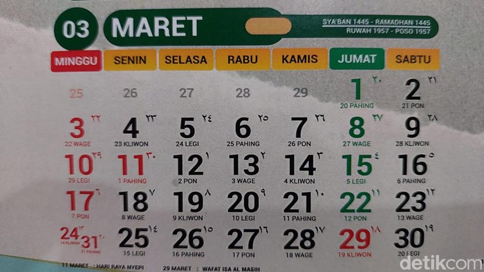 Kalender bulan Maret 2024.