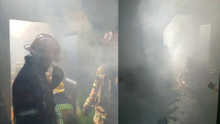 Kolase foto. Petugas Damkar melakukan pengecekan kondisi rumah yang terbakar. Satu rumah semi permanen di Kota Bangun, Medan Deli terbakar.(dok. Dinas Pemadam Kebakaran dan Penyelamatan Kota Medan)