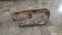 Pada bagian teras masjid terdapat sebuah fosil kayu berukuran cukup besar. Kayu ini mengalami proses alami hingga menjadi fosil yang keras seperti batu. Satu bongkah fosil kayu juga terdapat di mimbar imam pada area dalam masjid. Foto: Devi Setya/detikcom