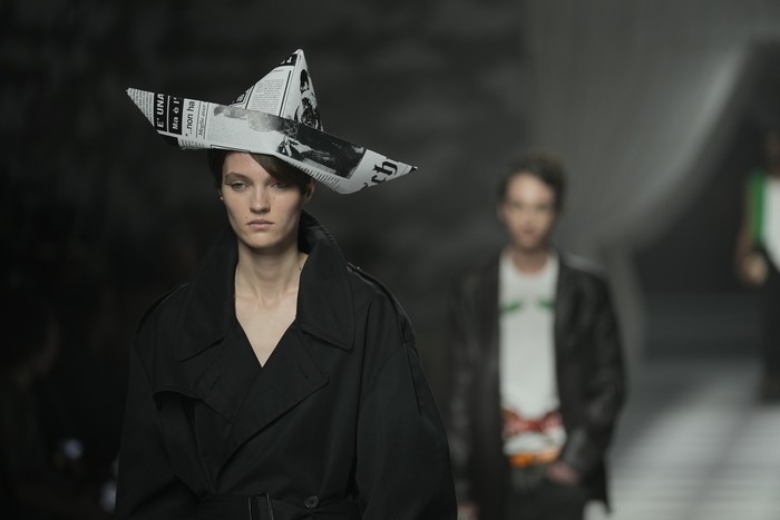 A model wears a creation as part of the Moschino womens Fall-Winter 2024-25 collection presented in Milan, northern Italy, Thursday, Feb. 22, 2024. (AP Photo/Antonio Calanni)