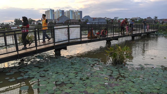 Potret Lahan Basah di Jakarta Utara Diubah Jadi Ruang Terbuka Hijau Sejumlah warga berjalan di atas jembatan di Taman Malaka Asri, Rorotan, Jakarta Utara, Senin (26/2/2024). Dinas Pertamanan dan Hutan Kota Pemprov DKI Jakarta memanfaatkan lahan basah dengan luas sekitar 8.000 meter persegi tersebut untuk meminimalisir bencana banjir, sebagai biodiversitas bagi satwa liar dan dilengkapi dengan jalur pejalan kaki dan taman sehingga dapat dimanfaatkan warga sekitar. ANTARA FOTO/M Risyal Hidayat/nz
