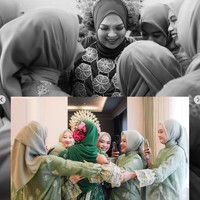 Senada dengan pakaian pengantin, para bridesmaid juga tampil kompak dengan busana berwarna hijau. Busana tersebut dipadukan dengan hijab berwarna senada. Foto: Instagram/@andiamarms