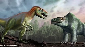 Para ilmuwan dulu mengira Megalosaurus berjalan dengan empat kaki dan panjang 12 meter (kanan). Sekarang, para ahli mengira mereka sebenarnya bipedal dan panjangnya hanya 6 meter (kiri). Foto: via Daily Mail